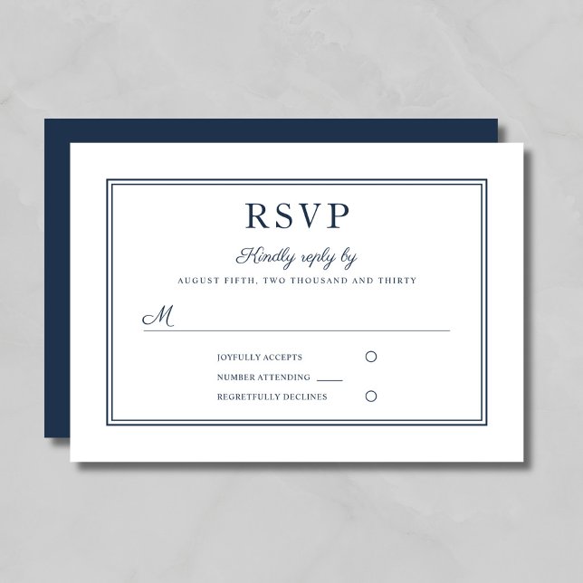 Formell Marinblå Bröllops-RSVP-Kort med Script OSA Kort (Formal Navy Blue Script Wedding RSVP Card)