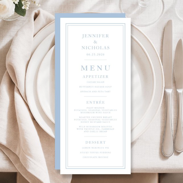 Formell Minimal Ljust Blå Bröllop Meny (Formal Minimal Powder Blue Wedding Menu)