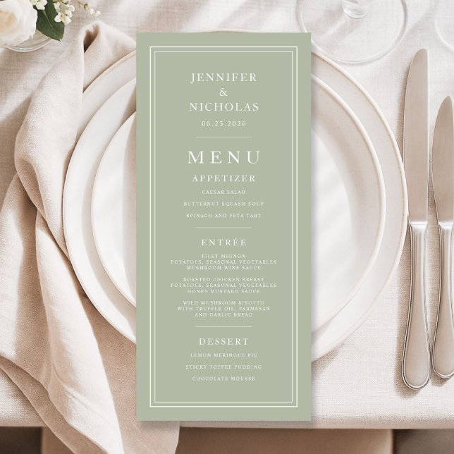 Formell Minimal Sagegrön Bröllopsfest Meny (Formal Minimal Sage Green Wedding Menu)