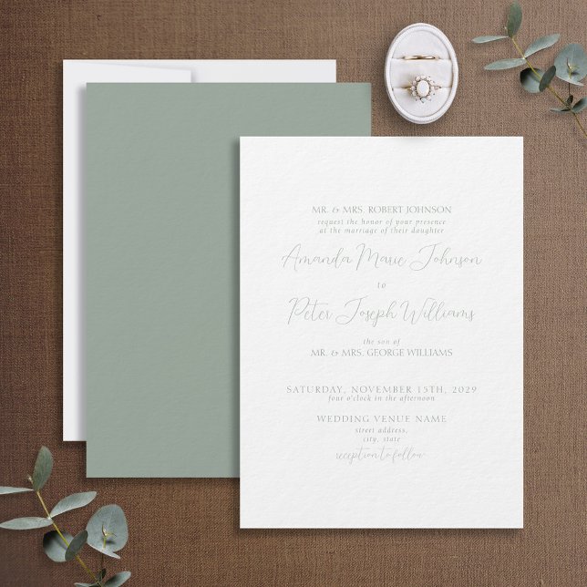 Formell Modern Calligraphy Sage Grönt Bröllop Inbjudningar (Skapare uppladdad)