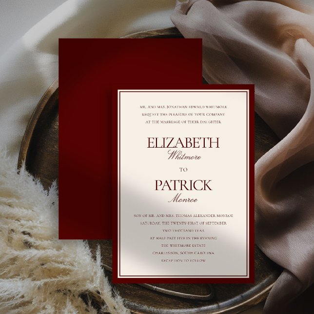Formell Modern Klassisk Djup Burgunder Herrgård Br Inbjudningar (deep burgundy wedding invitation quiet luxury old money double frame formal modern classic parents)