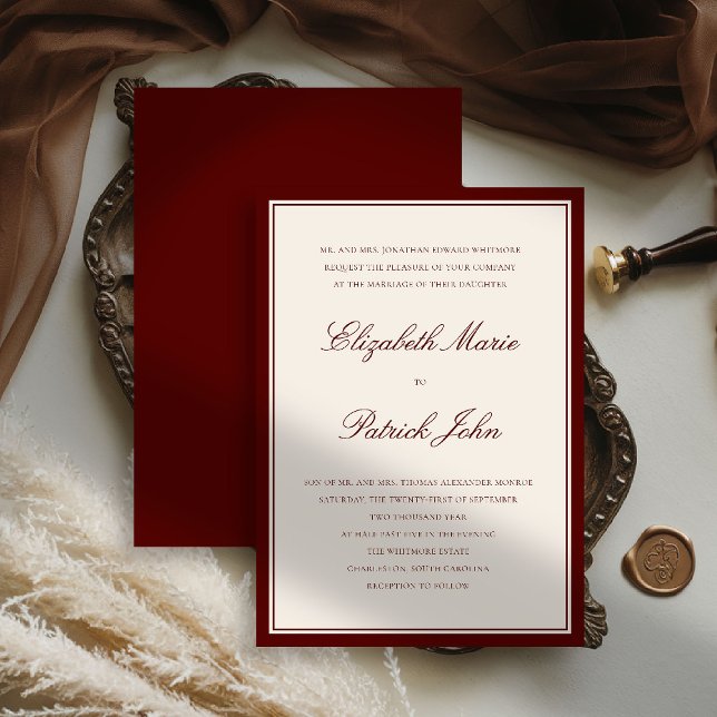Formell Modern Klassisk Djup Burgunder Ram Bröllop Inbjudningar (deep burgundy wedding invitation quiet luxury old money double frame formal modern classic parents)