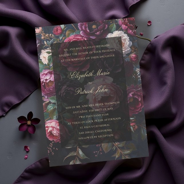 Formell Modern Klassisk Dyster Romantisk Mörk Bröl Inbjudningar (burgundy wedding invitation moody dark painterly frame parents host elegant modern classic romantic)