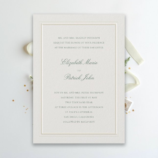 Formell Modern Klassisk Elegant Grön Ecru Bröllop Inbjudningar (modern classic wedding invitation forest green type double frame ecru formal traditional stately)