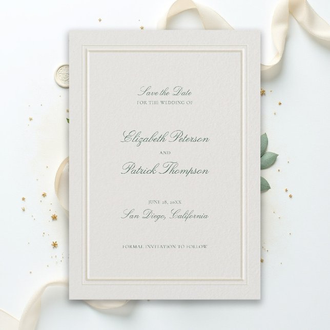 Formell Modern Klassisk Elegant Grön Ecru Bröllop Spara Datumet (modern classic wedding save the date forest green type double frame ecru formal traditional stately)