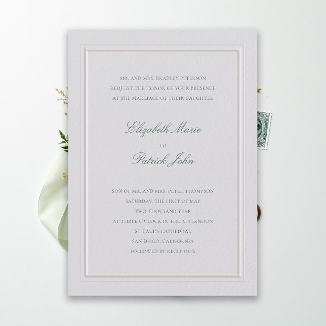 Formell Modern Klassisk Elegant Grön Elfenbensvit  Inbjudningar (modern classic wedding invitation forest green type double frame ivory formal traditional stately)
