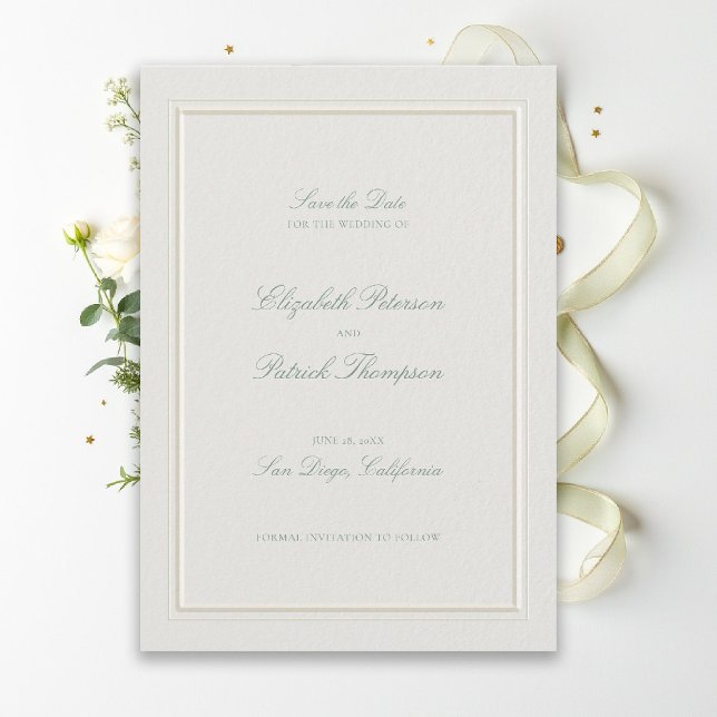 Formell Modern Klassisk Elegant Salvia Ecru Bröllo Spara Datumet (modern classic wedding save the date sage green type double frame formal traditional stately ecru)