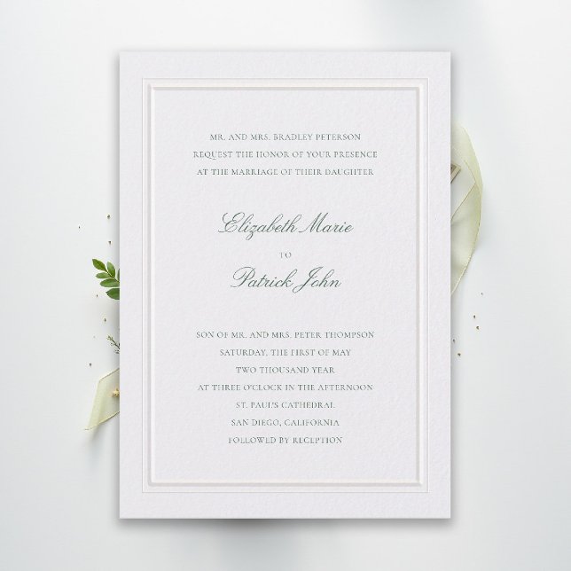 Formell Modern Klassisk Förhöjd Grön Pärl Bröllop Inbjudningar (modern classic wedding invitation forest green type double frame pearl formal traditional stately)