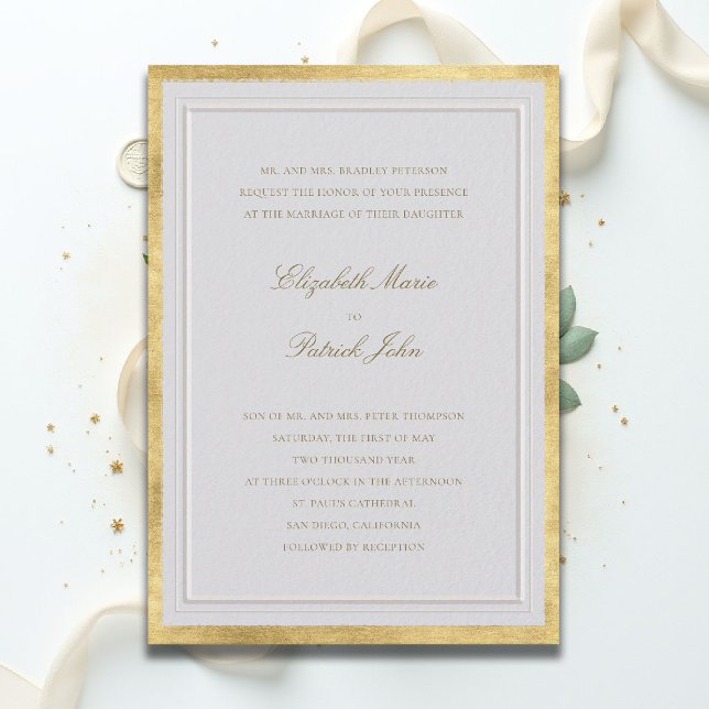 Formell Modern Klassisk Förhöjd Guld Elfenbens Brö Inbjudningar (formal traditional wedding invitation modern classic double frame gold ballroom black tie ivory)