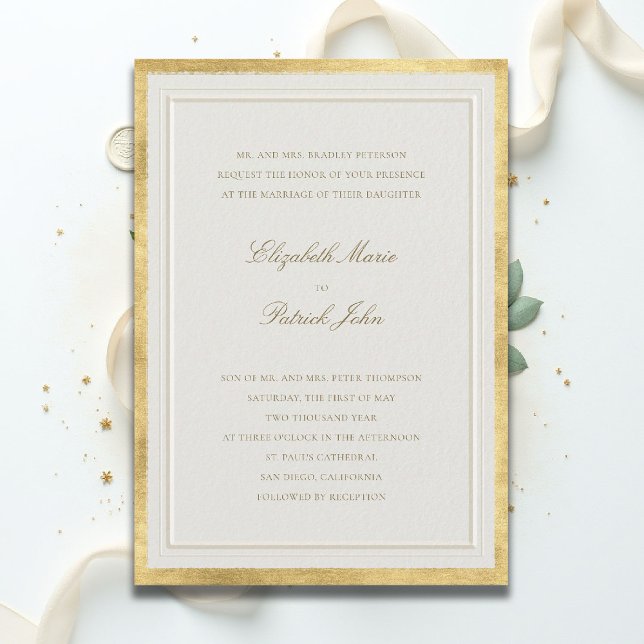 Formell Modern Klassisk Förhöjd Guldbeige Bröllop Inbjudningar (formal traditional wedding invitation modern classic double frame gold ballroom black tie ecru)