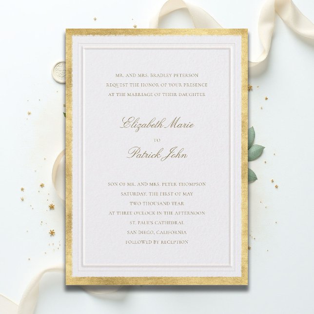 Formell Modern Klassisk Förhöjd Pärlemor Bröllopsi Inbjudningar (formal traditional wedding invitation modern classic double frame gold pearl white ballroom tux)