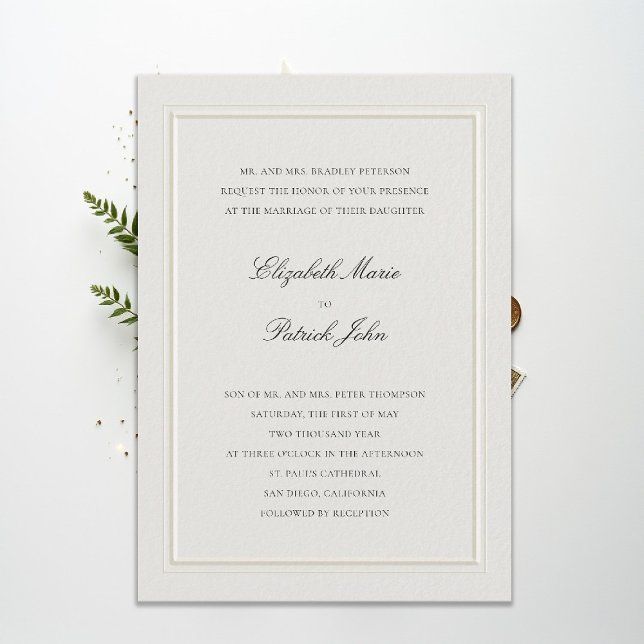 Formell Modern Klassisk Förhöjd Ram Ecru Bröllop Inbjudningar (modern classic wedding invitation double frame elevated ecru formal traditional calligraphy stately)