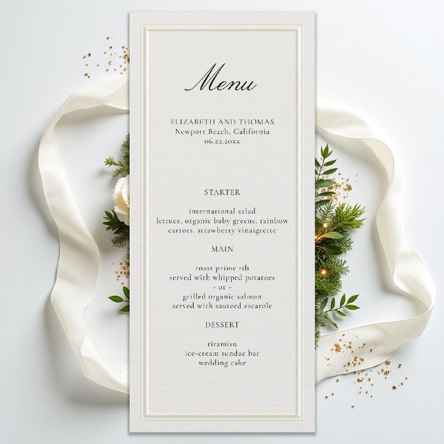 Formell Modern Klassisk Förhöjd Ram Ecru Bröllop Meny (formal classic wedding menu double frame calligraphy traditional modern calligraphy ecru)