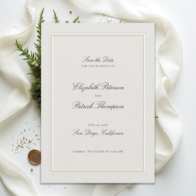 Formell Modern Klassisk Förhöjd Ram Ecru Bröllop Spara Datumet (modern classic wedding invitation double frame elevated ecru formal traditional calligraphy)