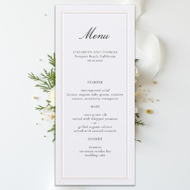 Formell Modern Klassisk Förhöjd Ram Pärl Bröllop Meny (formal wedding menu elegant modern classic traditional black tie ballroom countryclub pearl white)