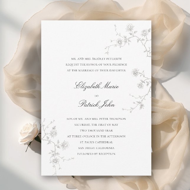 Formell Modern Klassisk Trädgård med Vilda Rosor 3 Inbjudningar (formal wedding invitation modern classic wild roses sketch floral calligraphy garden white)