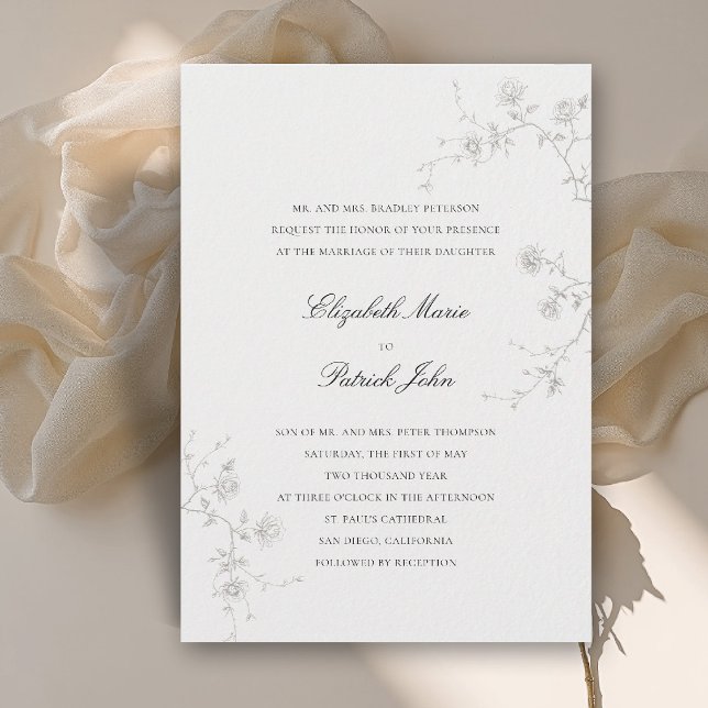 Formell Modern Klassisk Trädgård med Vilda Rosor B Inbjudningar (formal wedding invitation modern classic wild roses garden sketch floral art calligraphy parent host)