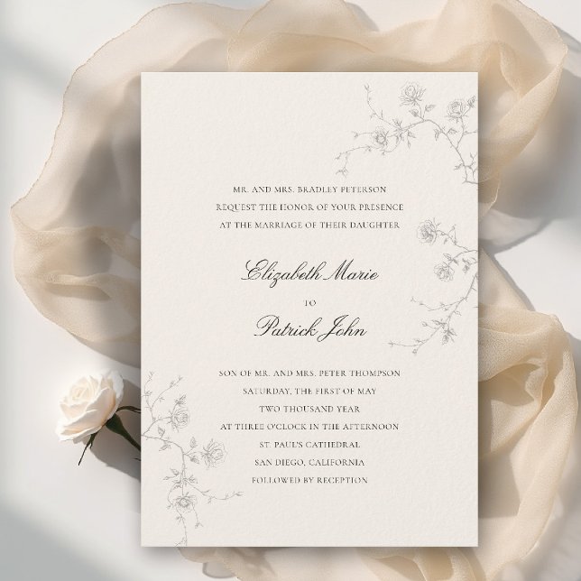 Formell Modern Klassisk Trädgård med Vildrosor 2 B Inbjudningar (formal wedding invitation modern classic wild roses sketch floral calligraphy garden ecru)