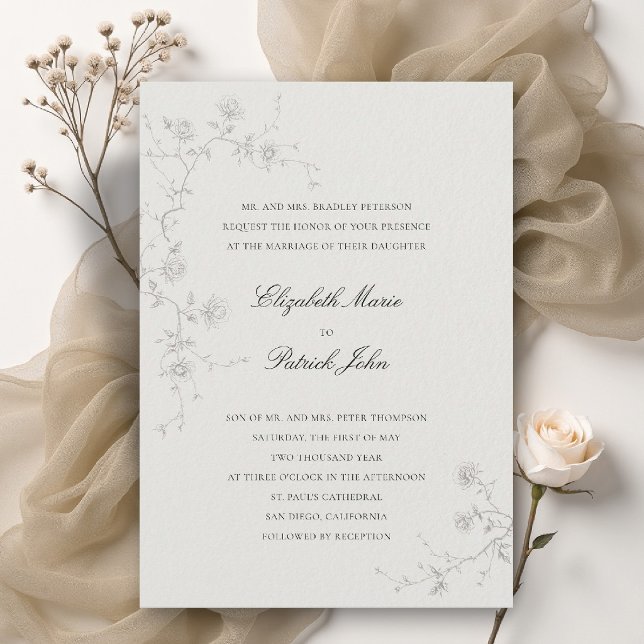 Formell Modern Klassisk Vilda Rosor Konst Ecru Brö Inbjudningar (formal wedding invitation modern classic wild roses art sketch floral calligraphy parents host ecru)