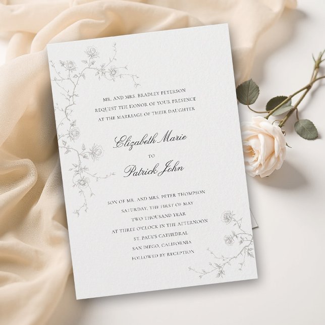 Formell Modern Klassisk Vilda Rosor Konst Elfenben Inbjudningar (formal wedding invitation modern classic wild roses art sketch floral art calligraphy parents host)