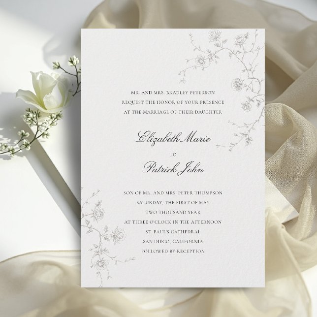 Formell Modern Klassisk Vilda Rosor Romantisk Bröl Inbjudningar (formal wedding invitation modern classic wild roses sketch floral art calligraphy parents host)