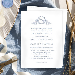 Formell Monogram Dusty Blue Watercolor Bröllop Inbjudningar