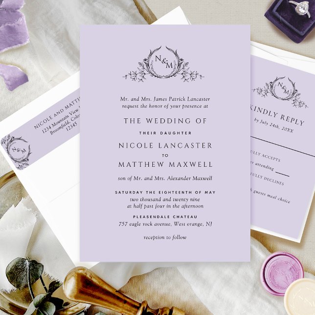 Formell Monogram Lavender Bröllop Inbjudningar (Skapare uppladdad)