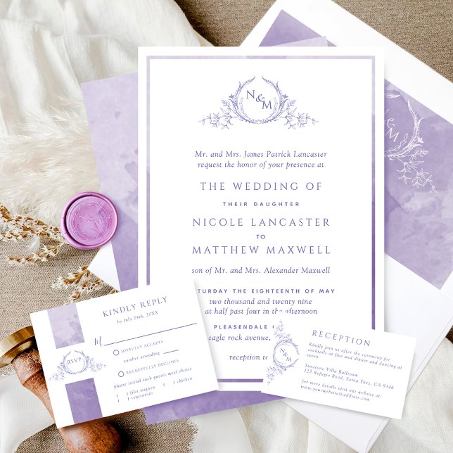 Formell Monogram Lavender Watercolor Bröllop Inbjudningar (Skapare uppladdad)
