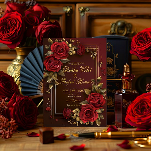 Formell Mörk för Elegant Burgundy & Guld Ro Bröllo Inbjudningar (Romantic Spanish Rose Red and Burgundy Rose Wedding Invitation )