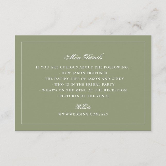 Formell Mossgrön Bröllopswebbplats Detaljer Tilläggskort (Framsida)
