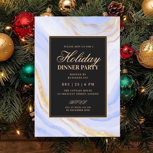 Formell Navy Blue Glam FAUX Marmor Holiday Middag  Inbjudningar (Formal Navy Blue Glam FAUX Marble Holiday Dinner Invitation)