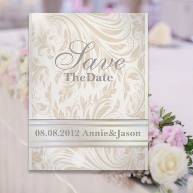 Formell Pärlvit Damast Bröllop Save the date Meddelande Vykort (Formal Pearl White Damask Wedding save the date Announcement Postcard)