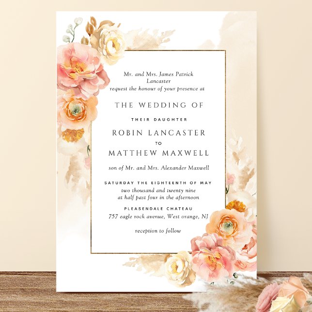 Formell persikofärgad  Blommigt Cream Watercolor B Inbjudningar (Skapare uppladdad)