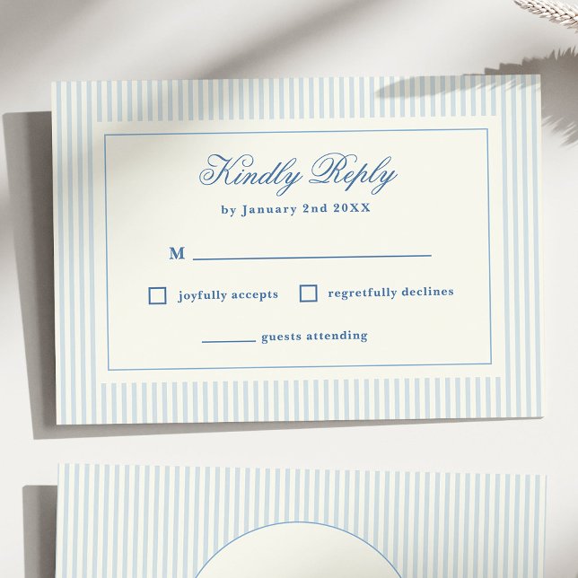 Formell Preppy Fransk Blå Ränder RSVP OSA Kort (classic blue stripes wedding RSVP card)