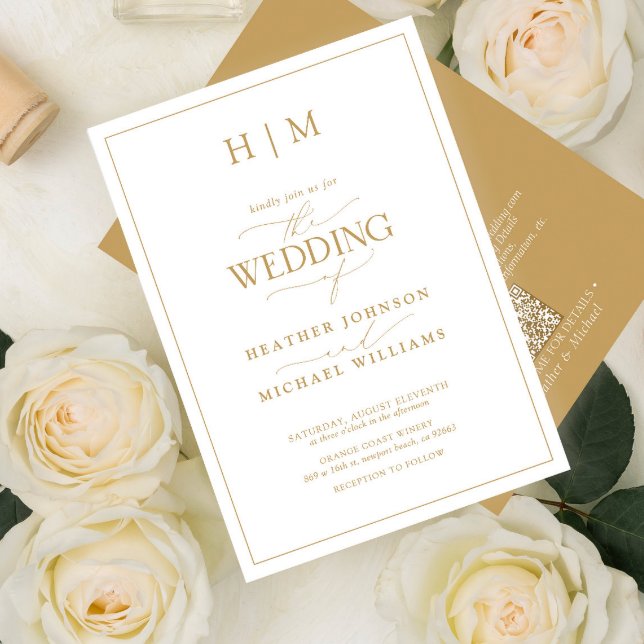 Formell QR-kod Guld Monogram Calligraphy Bröllop Inbjudningar (Skapare uppladdad)