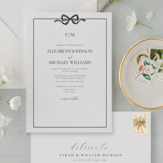 Formell QR-kod, svart och vitt fält, monogram Inbjudningar (Elegant Union: Join Us in Celebrating Love and Commitment)