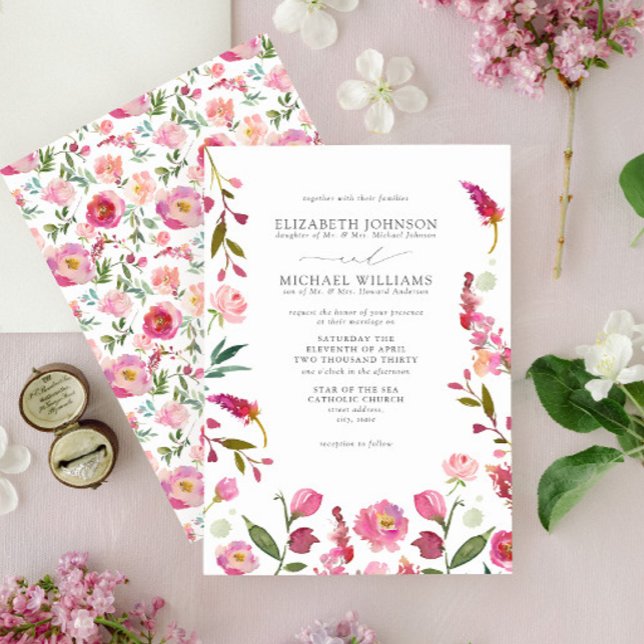 Formell Rosa Watercolor Flowers Bröllop Inbjudningar (Skapare uppladdad)
