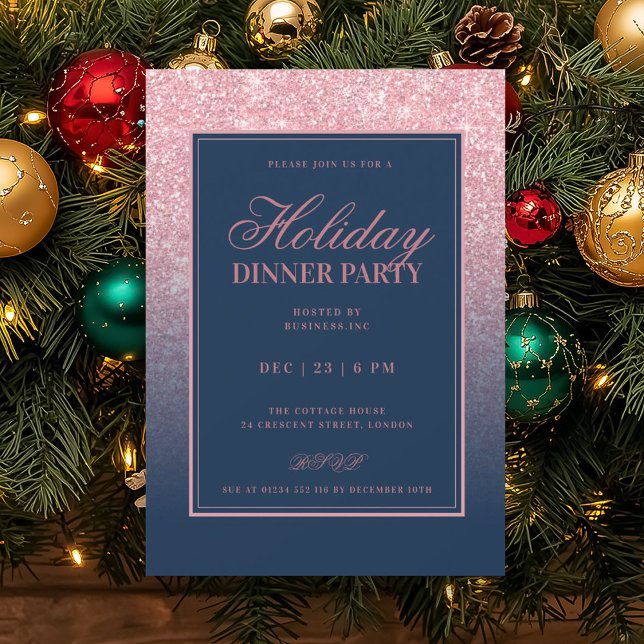 Formell Rose Guld FAUX Glitter Jul Middag Navy  Inbjudningar (Formal Rose Gold FAUX Glitter Holiday Dinner Navy Invitation)