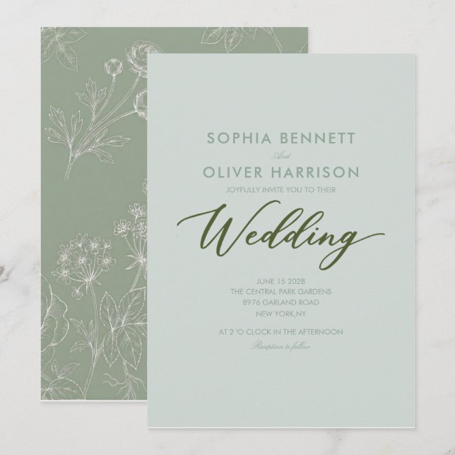 formell sagegrön blomklassisk bröllopsinbjudan inbjudningar (Fram/baksida)