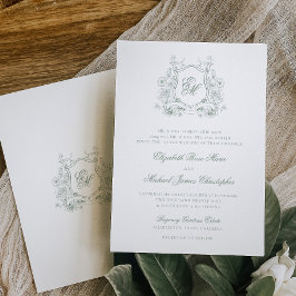 Formell sagegrön blomsterkrans monogram bröllop inbjudningar