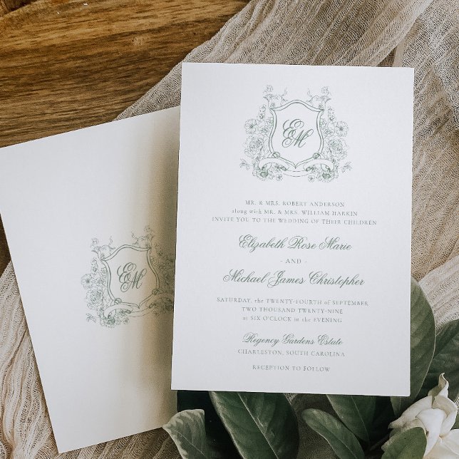 Formell sagegrön blomsterkrans monogram bröllop inbjudningar (Skapare uppladdad)