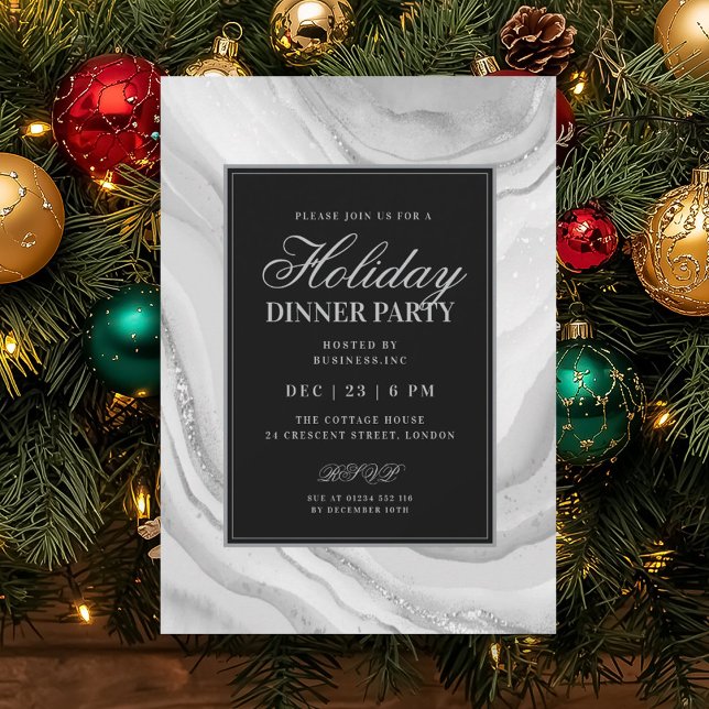 Formell Silver Glam FAUX Marmor Högtidlig Middag  Inbjudningar (Formal Silver Glam FAUX Marble Holiday Dinner Invitation)