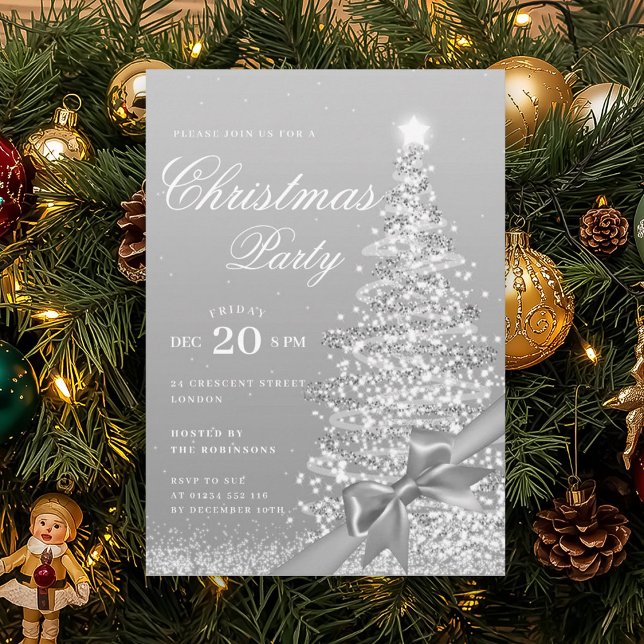 Formell silver vinter julgran båge högtid  inbjudningar (Formal Silver Winter Christmas Tree Bow Holiday Invitation)