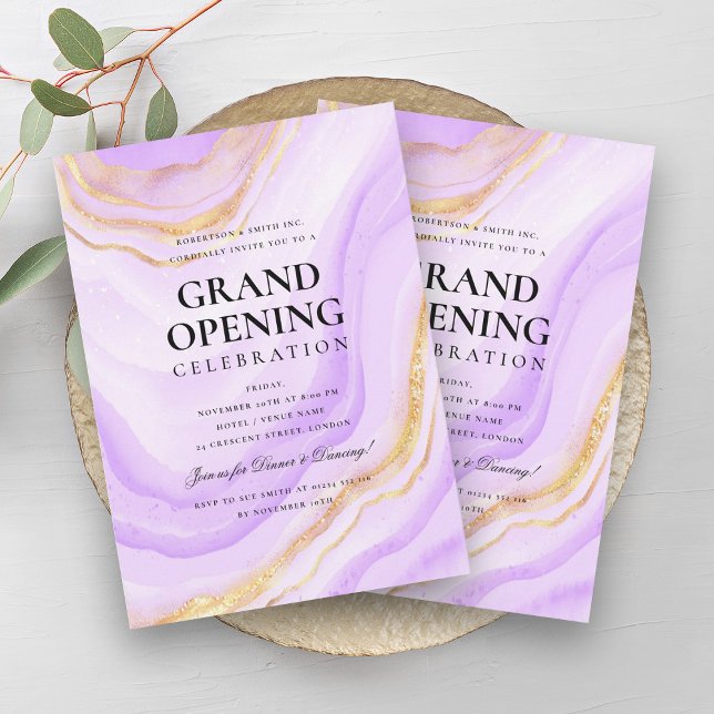 Formell stor öppning Lila Guld Marble Glitter Inbjudningar (Formal Grand Opening Purple Gold Marble Glitter Invitation)