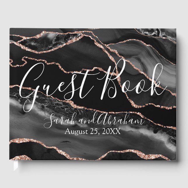 Formell svart Agate roséguld glitter bröllop Gästböcker (Framsida)