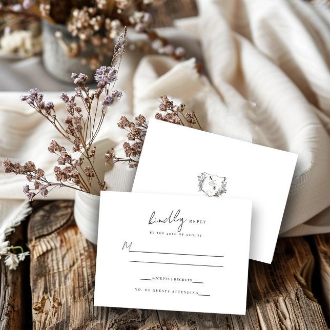 Formell svart/vit blomsterkröningsmonogram bryllop OSA kort (Skapare uppladdad)