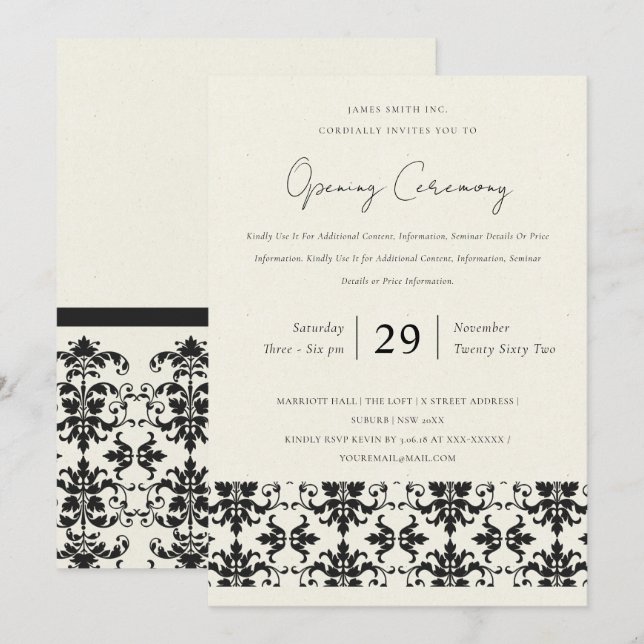 FORMELL SVART VIT DAMAST STOR ÖPPNINGSceremoni Inbjudningar (Fram/baksida)