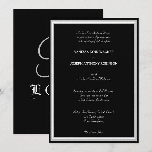 Formell Svart Vit Monogram Inbjudningar (Fram/baksida)
