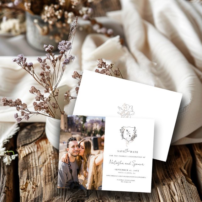 Formell svartvit Blommigt Vapensköld Monogram Spara Datumet (Skapare uppladdad)