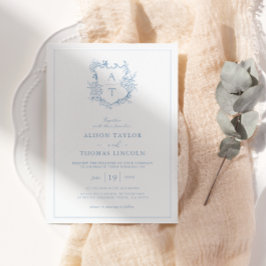 Formell Vapensköld Dusty Blue Monogram Bröllop Inbjudningar